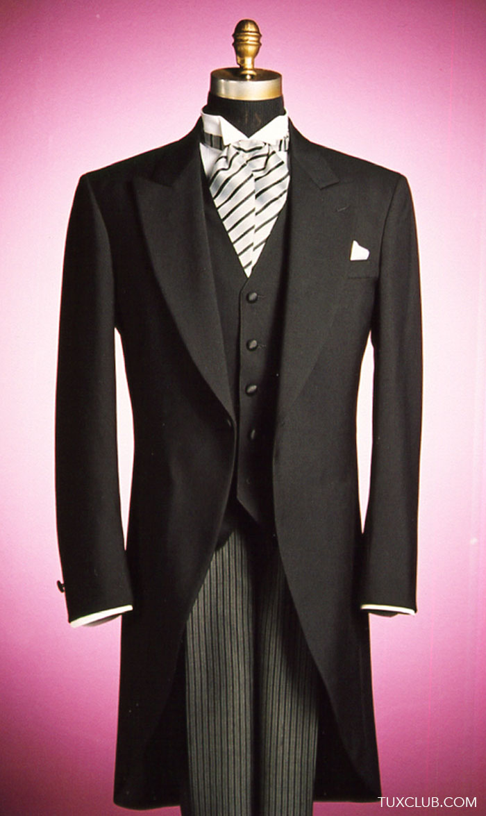 Black morning suit with a gray striped ascot and striped pants on a mannequin against a pink background