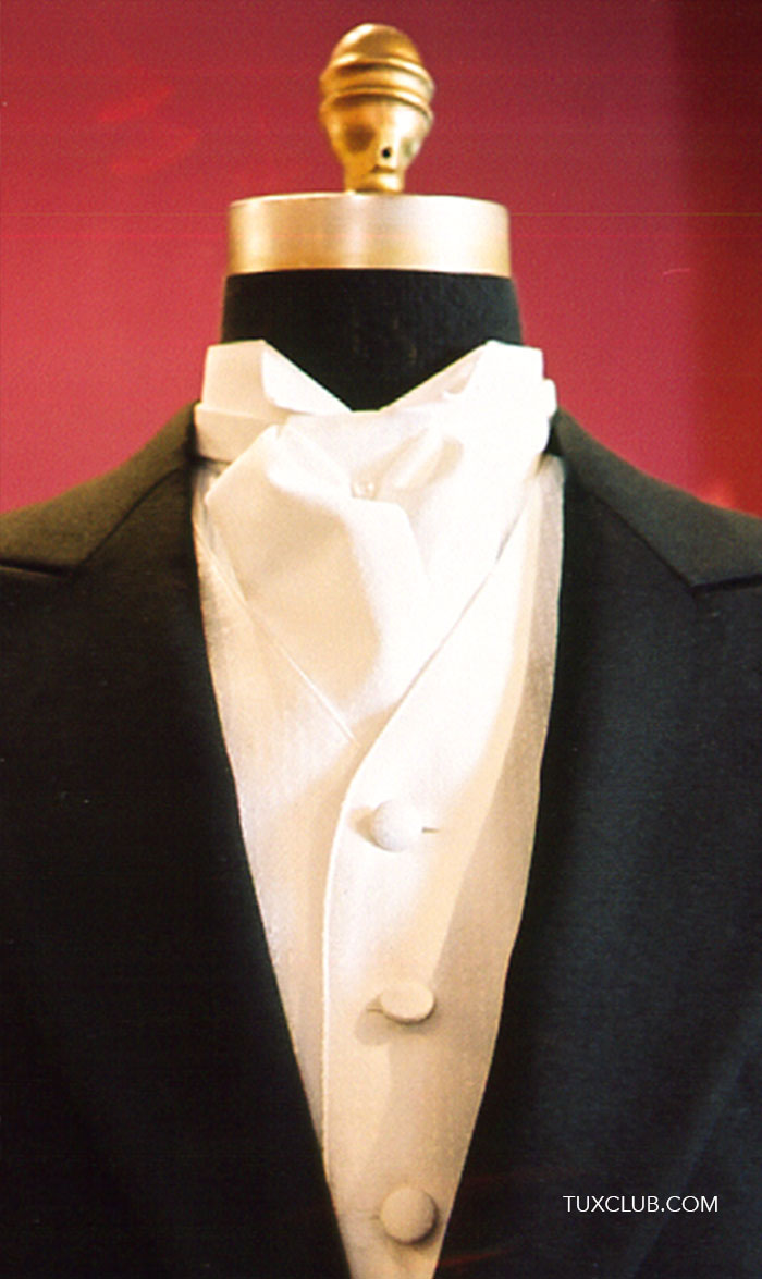 close up of a mannequin wearing a white ascot and vest on a black morning suit