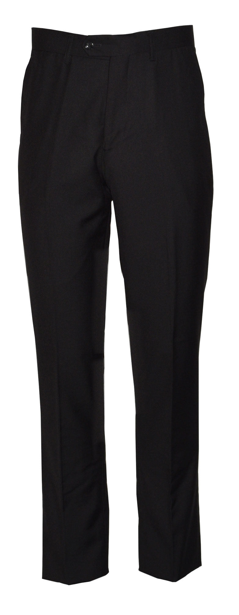 black polyester tuxedo pants with a satin stripe against a white background