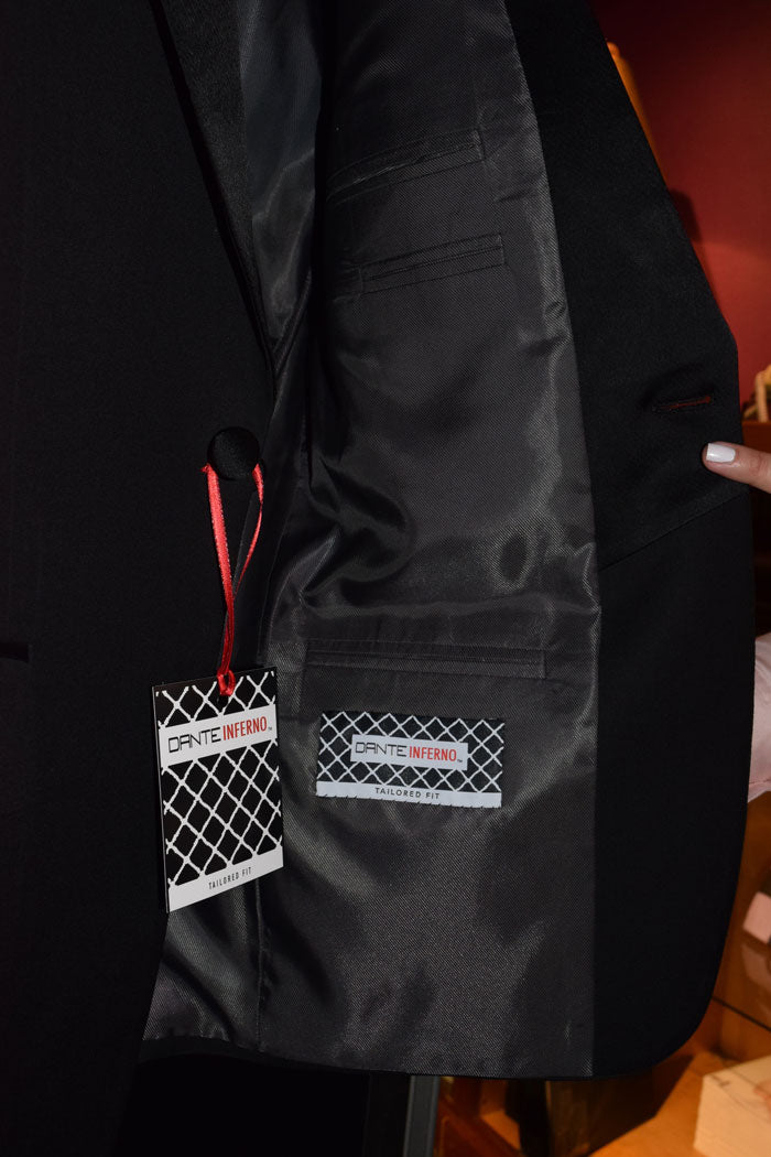 black brocade dinner jacket with Dante Inferno Brand Label inside coat.