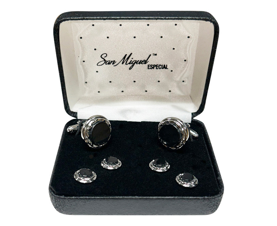 onyx Cufflinks and studs set in a 'San Miguel Especial' branded box on a white background