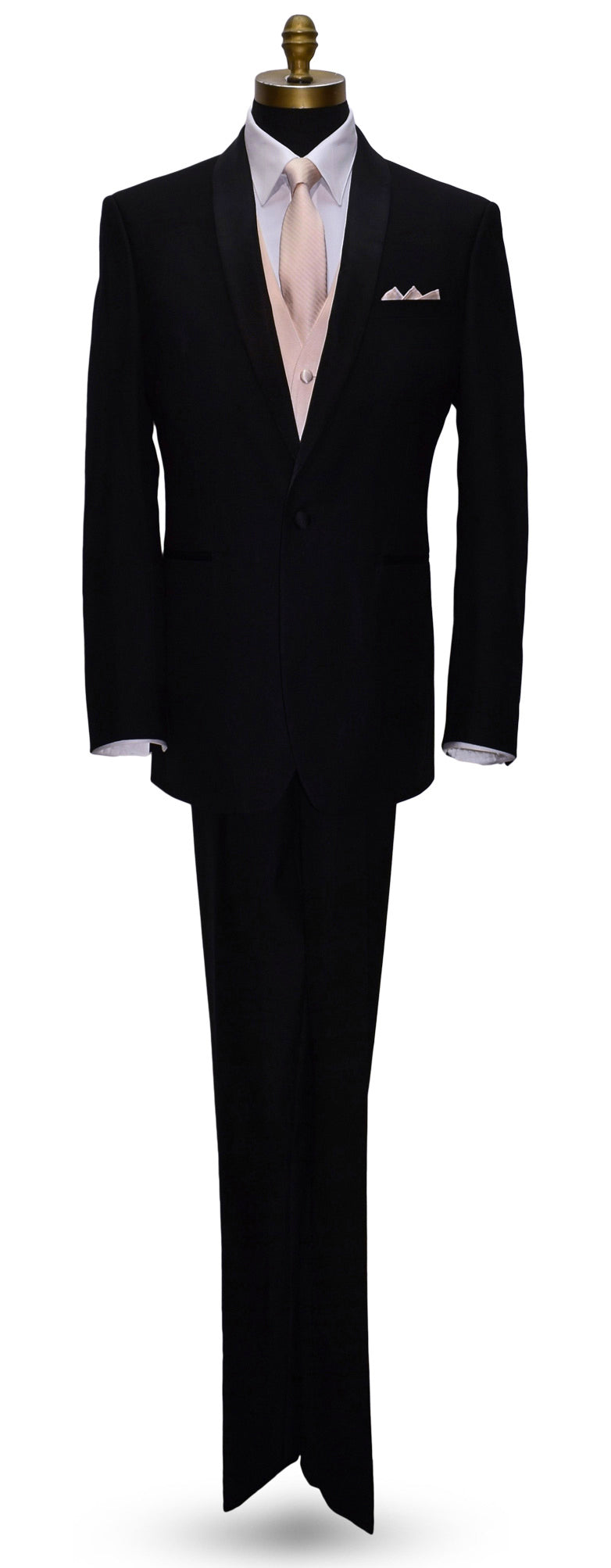 full size mannequin with a black suit wearing a white dress shirt and a nude color striped necktie against a white background