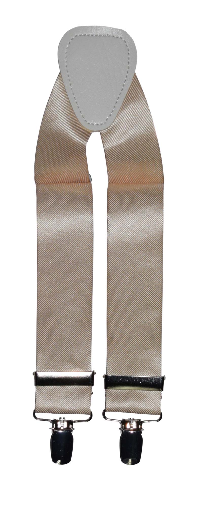 Champagne satin suspenders with clips on a white background