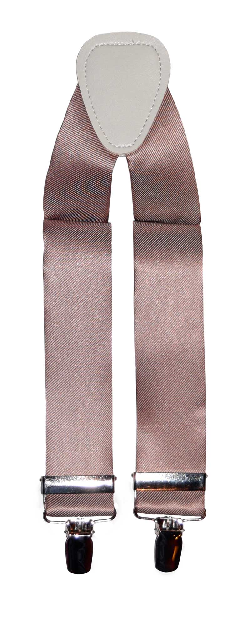 rose-gold satin suspenders with silver clips on a white background