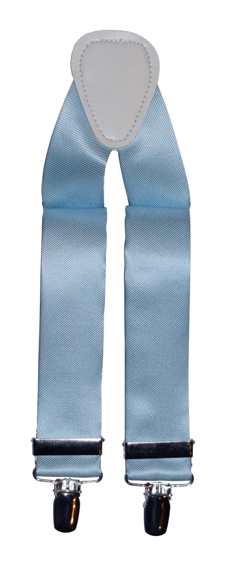 Capri-blue satin suspenders with clips on a white background
