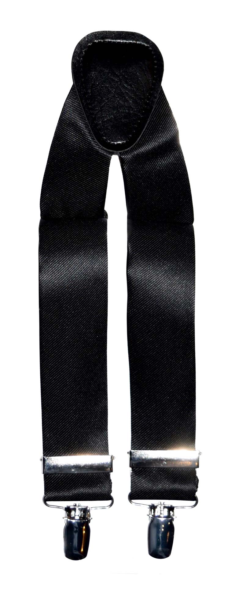 Black satin suspenders with silver clips on a white background