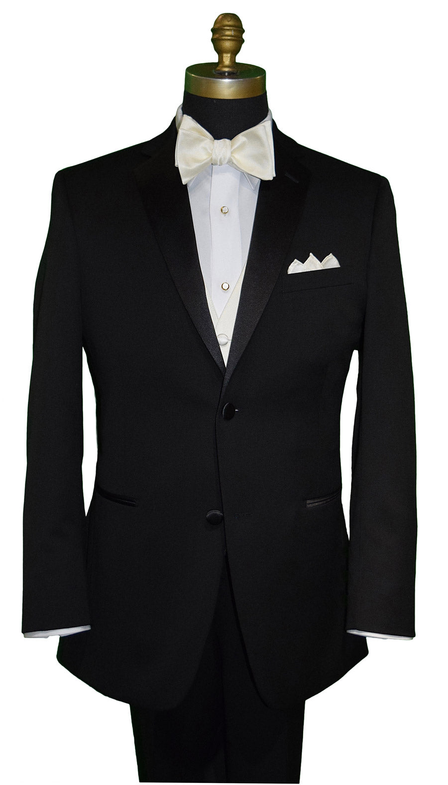 Black notch lapel tuxedo shown with a off-white "tie yourself" bowtie and off-white vest and pocket handkerchief