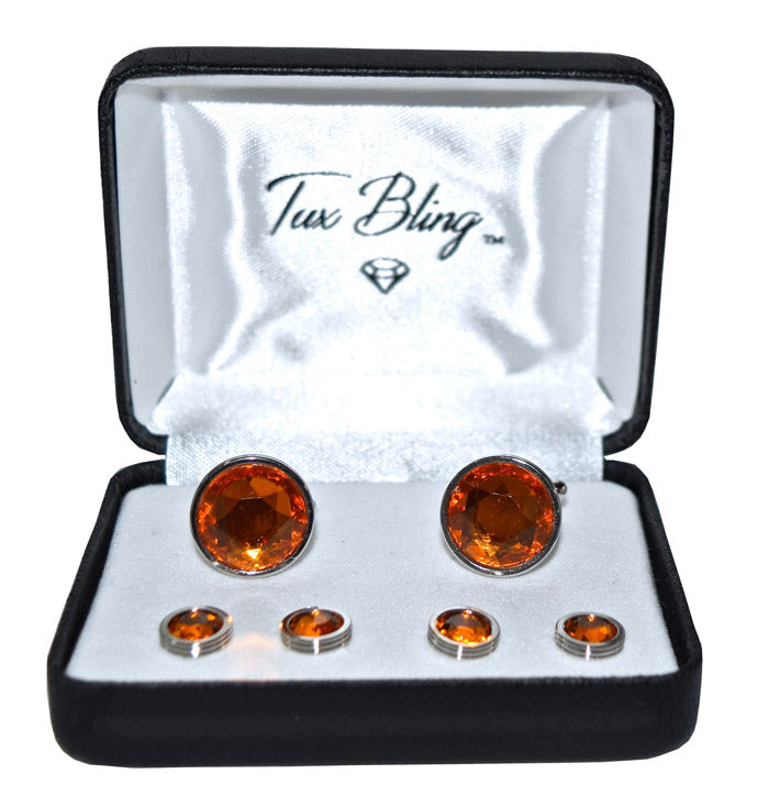 set of orange topaz cufflinks and studs in a tuxbling branded box