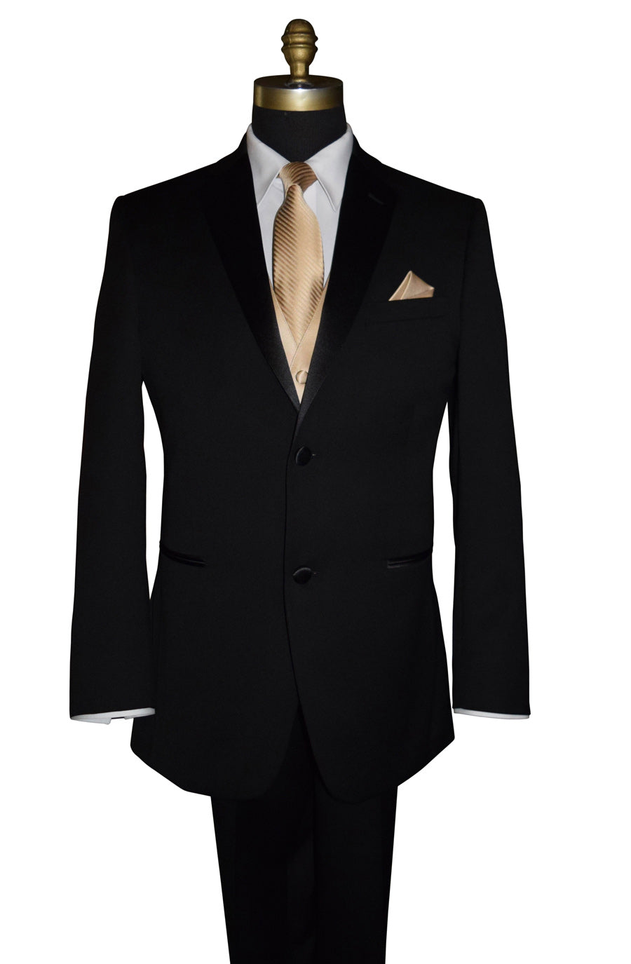 Black suit with a white shirt and gold necktie with stripes on a mannequin against a white background