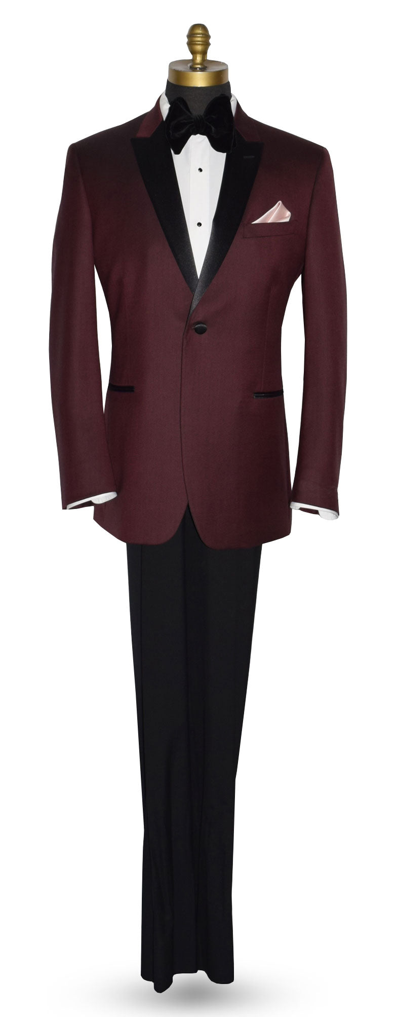full length maroon tuxedo with black lapels on a mannequin against a white background