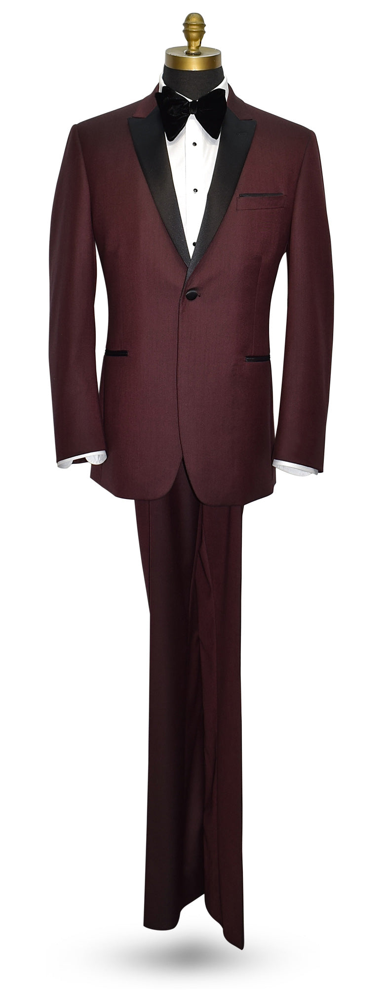 full length mannequin wearing a maroon tuxedo with a large black velvet butterfly bowtie against a white background