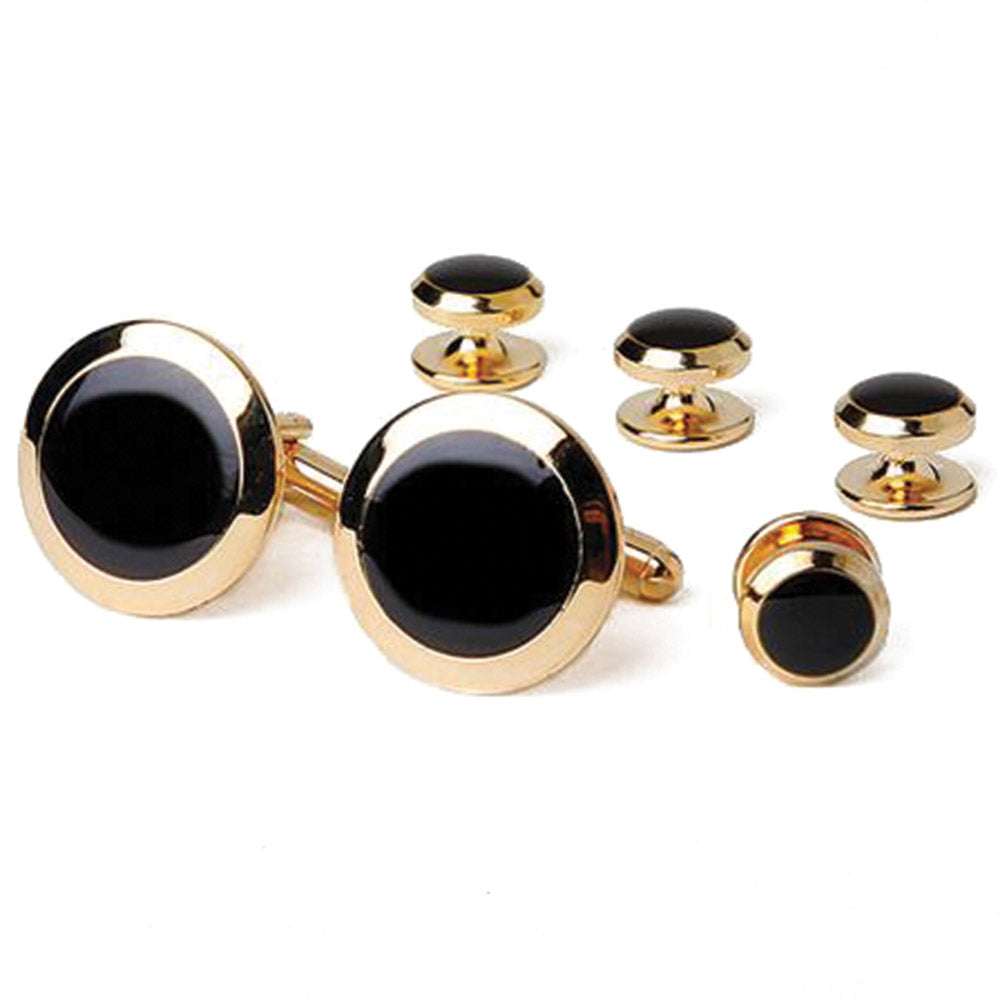 black cufflinks and studs front view with gold trim