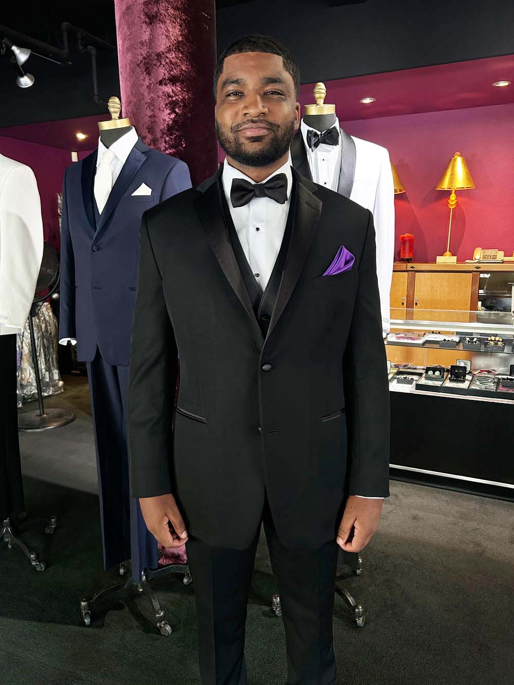 2-Button Black Notch Lapel Tuxedo with Black Satin Bow Tie