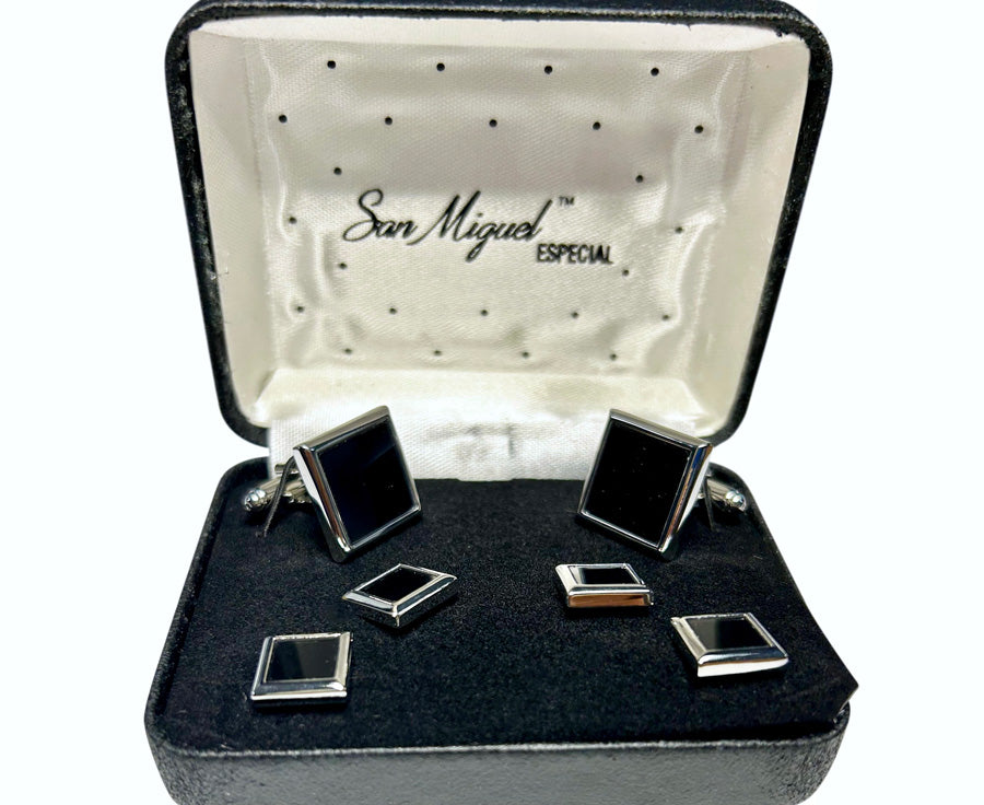Set of square cufflinks in a 'San Miguel Especial' branded box.