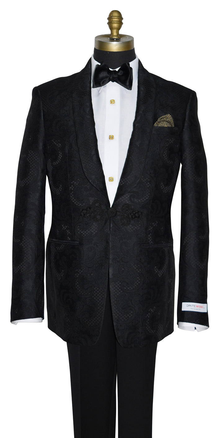 mannequin wearing a black tuxedo with a white shirt and a black "tie-yourself" bowtie