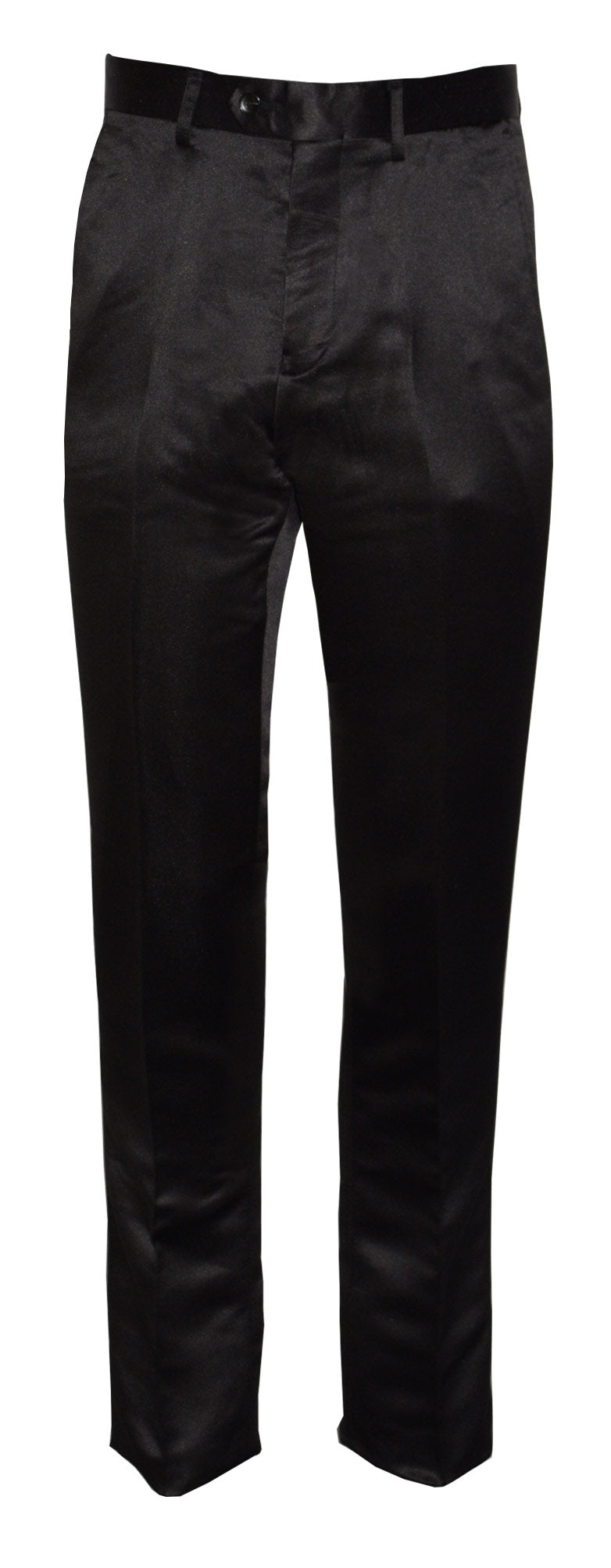 Black satin dress pants on a white background