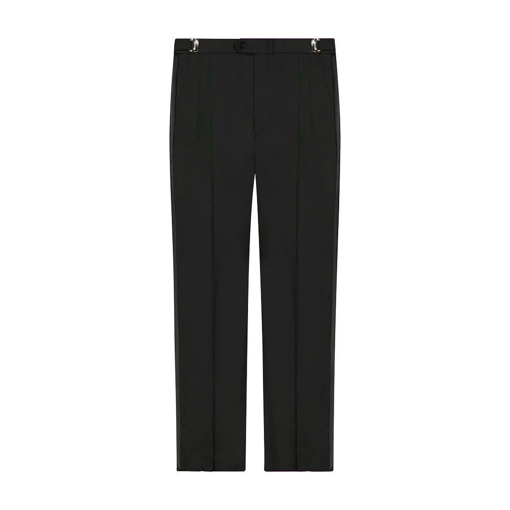 Men's Black Wide Leg Tropical Wool Tuxedo Pants