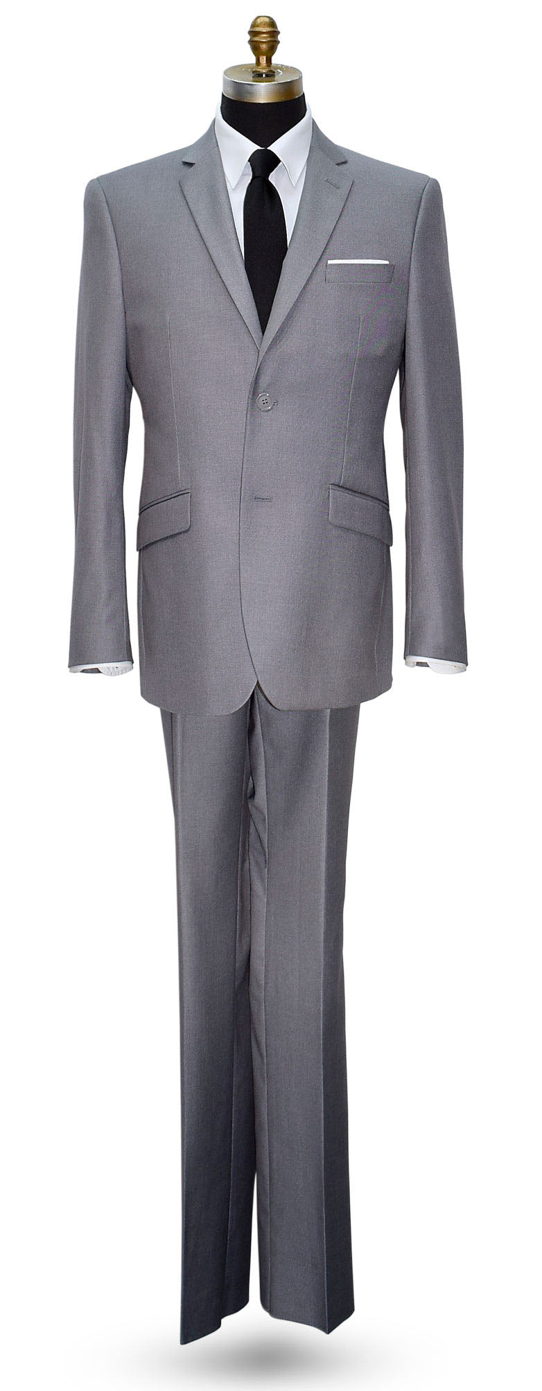 Gray suit with a black satin necktie on a white background