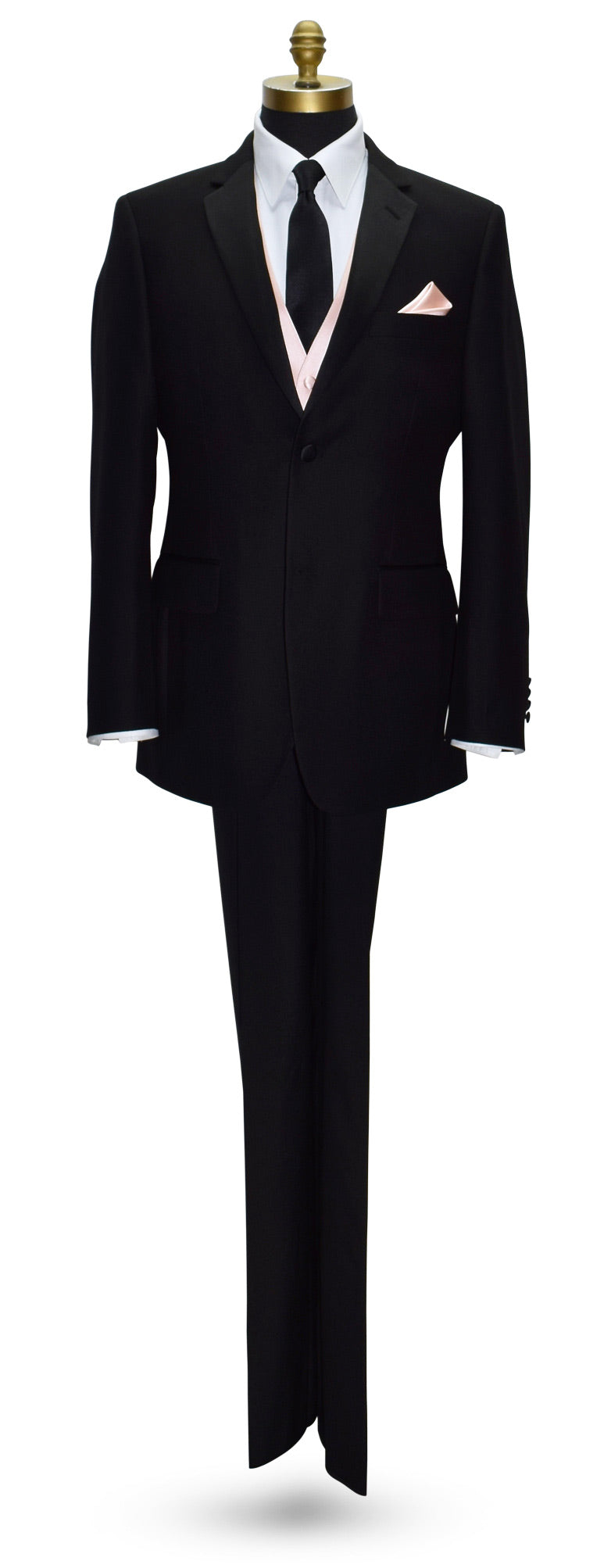 life size mannequin wearing a black wedding suit with a white dress shirt with a blush tuxedo vest and black "medium width" satin necktie against a white background