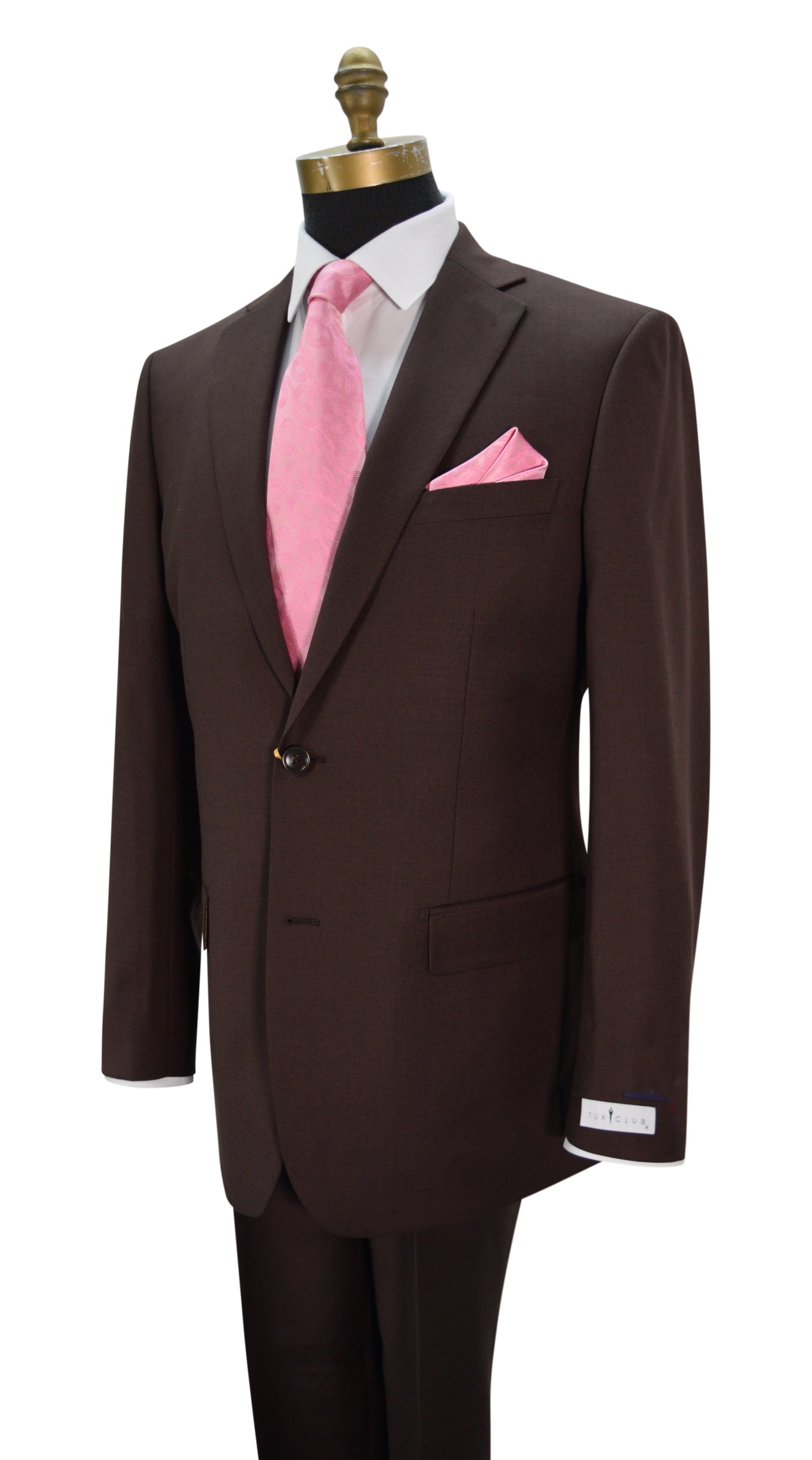 close-up front view-mannequin wearing a chocolate brown men's lightweight wool suit with a white dress shirt and a pink necktie and pocket handkerchief against a white background
