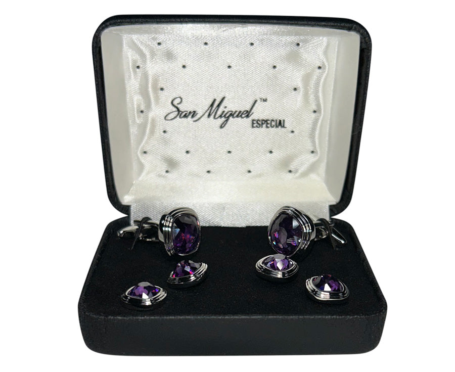 Purple gemstone cufflinks and studs in a 'San Miguel Especial' branded box.
