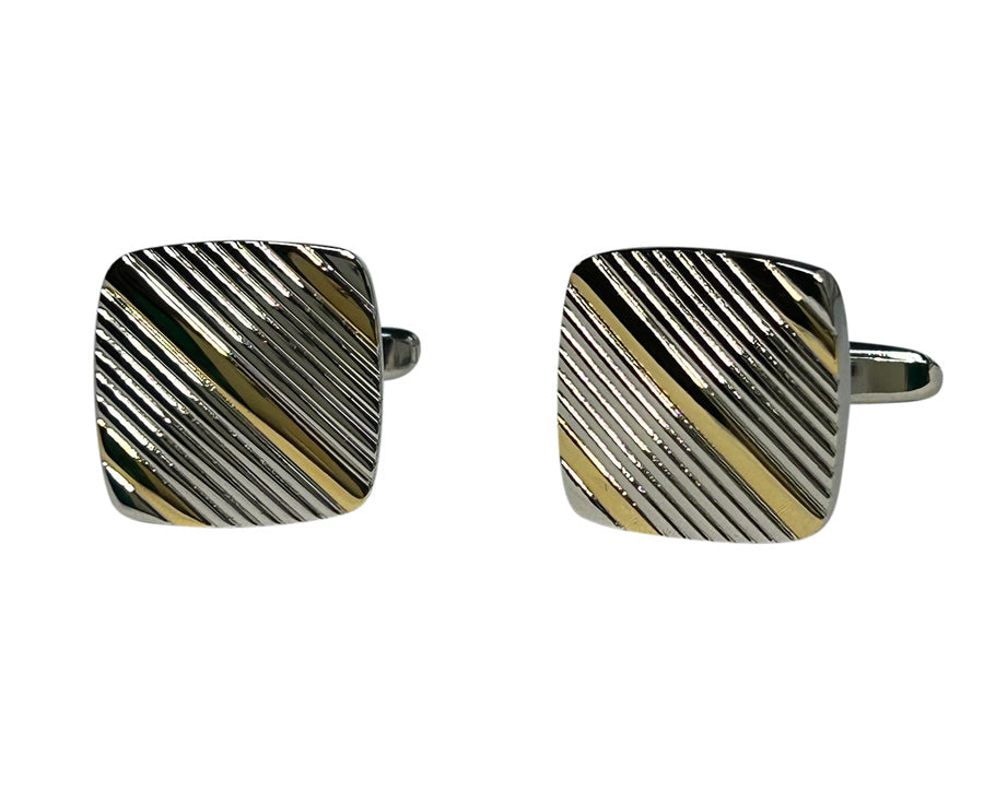 Pair of square cufflinks with striped design featuring silver and gold design on a white background