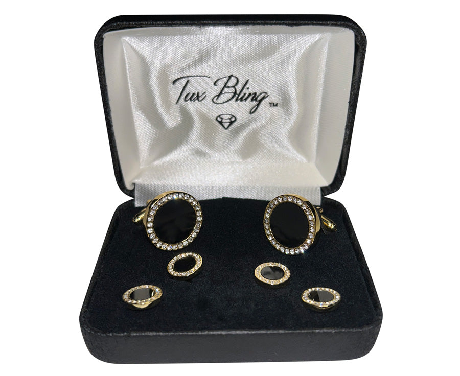 set of onyx cufflinks and studs with crystals in a gold setting in a tux bling branded box