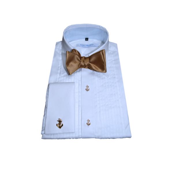white tuxedo shirt wearing a Set of gold anchor-shaped cufflinks and studs-on a white background