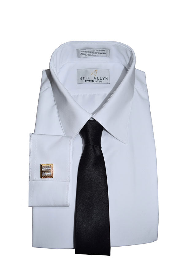White dress shirt with gold cufflinks and long black dress tie on a white background