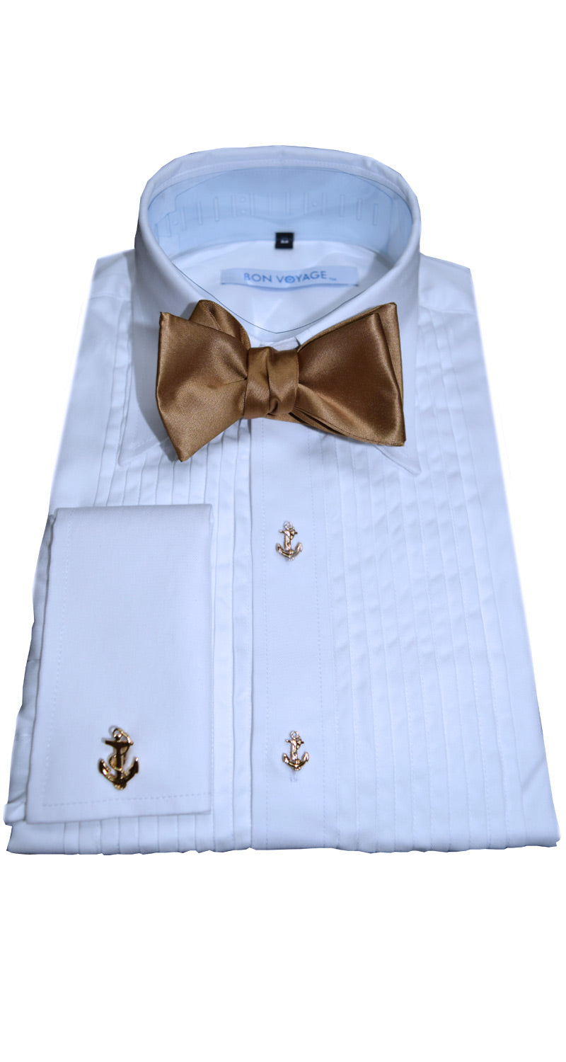 white tuxedo shirt on display with a gold "tie-yourself" bowtie against a white background