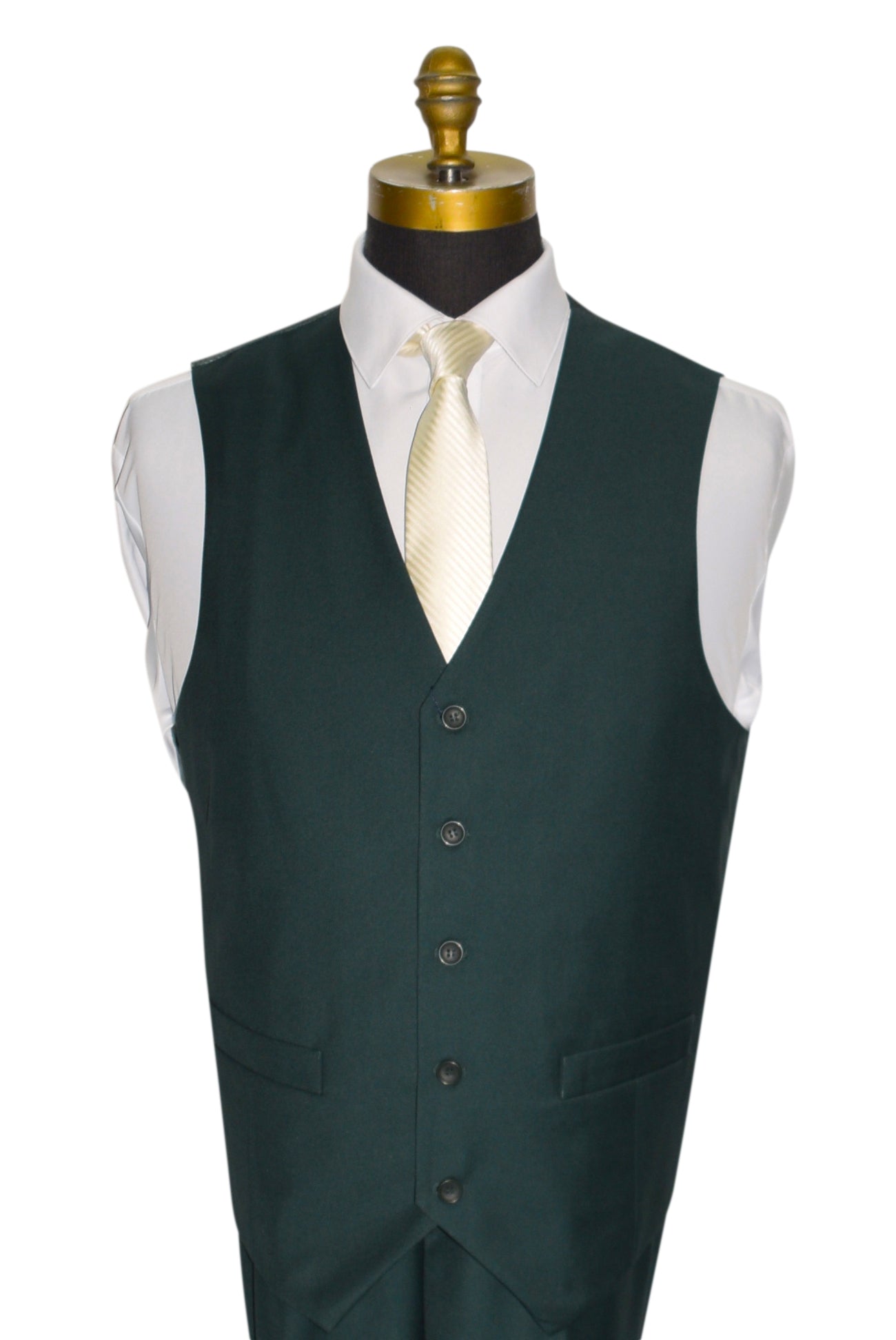 Hunter green vest with a white shirt and ivory necktie on a mannequin against a white background