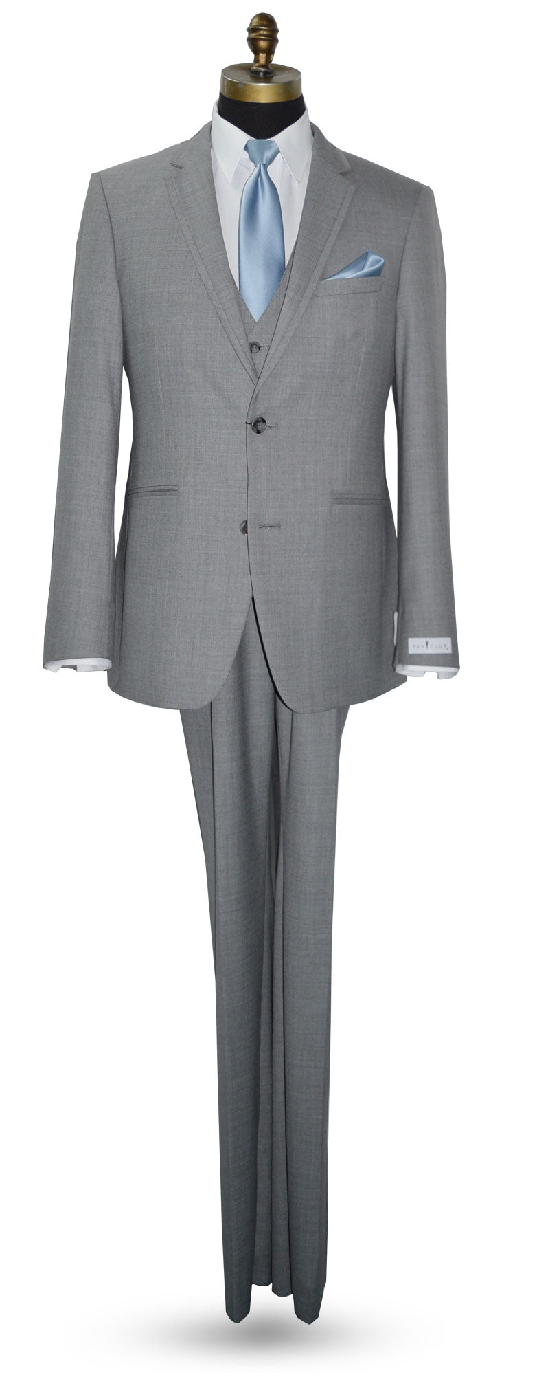 full length view on mannequin of heather gray 3 piece mens slim fit suit
