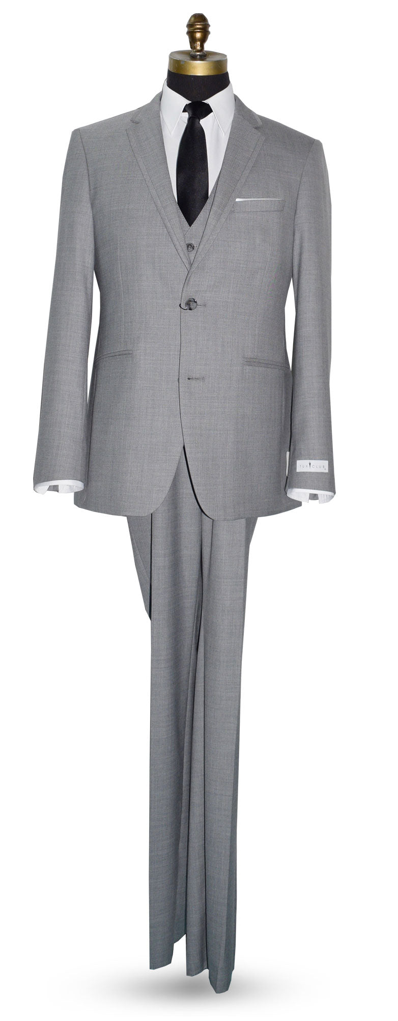 full length view of Heather gray men's wedding suit with gray vest and long black dress tie against white background