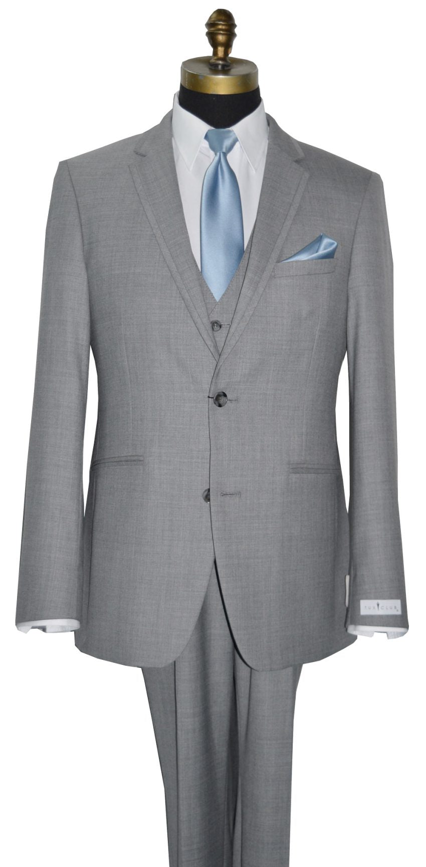 front view heather gray 3 piece mens slim fit suit from TUXCLUB with white shirt and desert blue long dress tie.