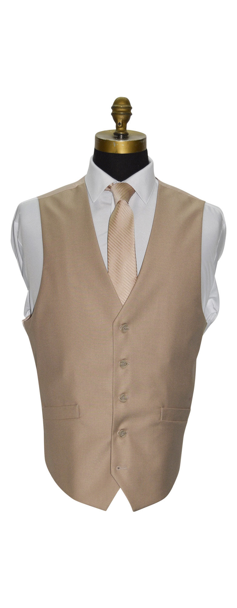 Beige vest on a mannequin with a white shirt and tie against a white background