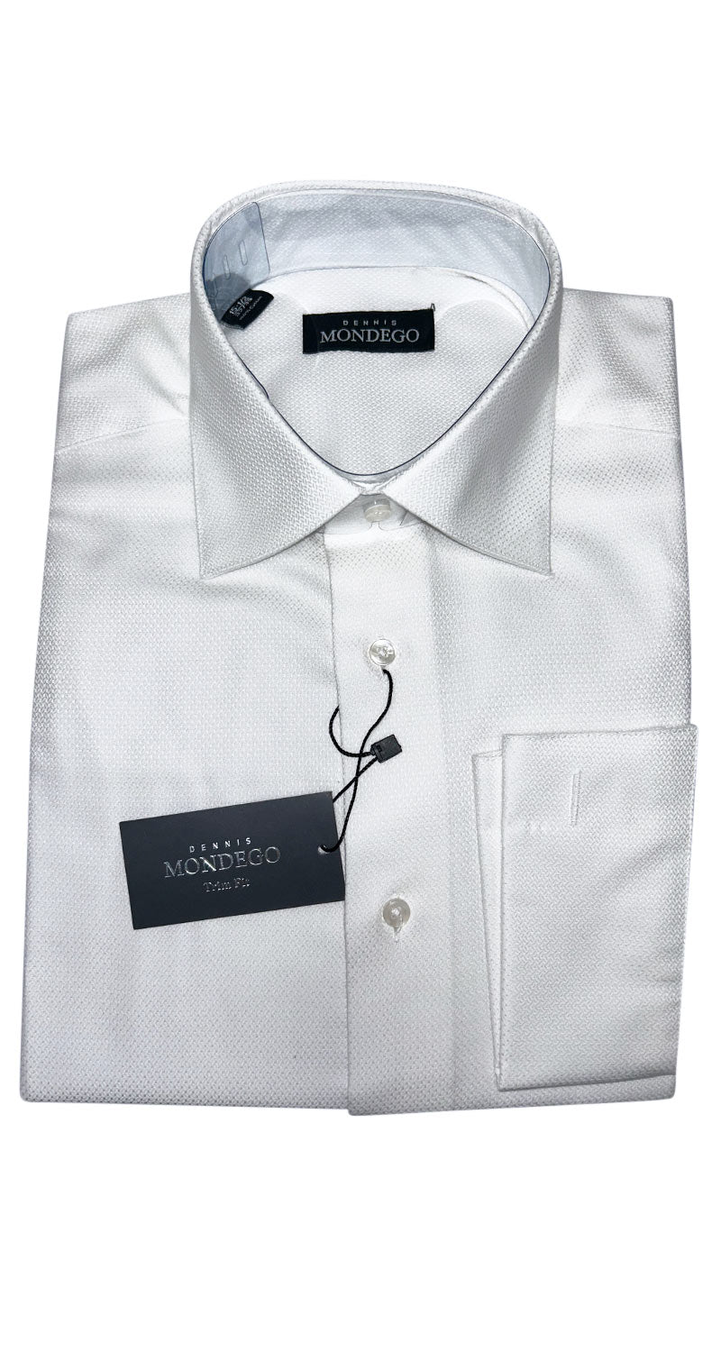 Men's white dress shirt against a white background with Dennis Mondego brand label.