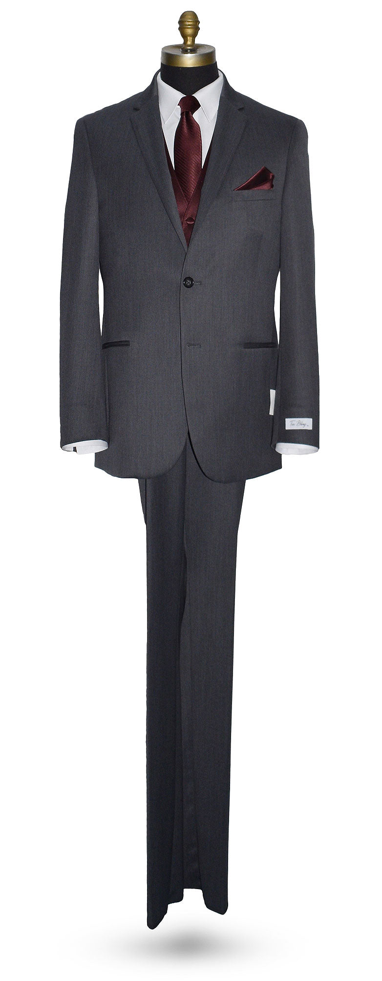 life-size mannequin wearing a Gray wedding suit with merlot vest and merlot bow tie against a white background