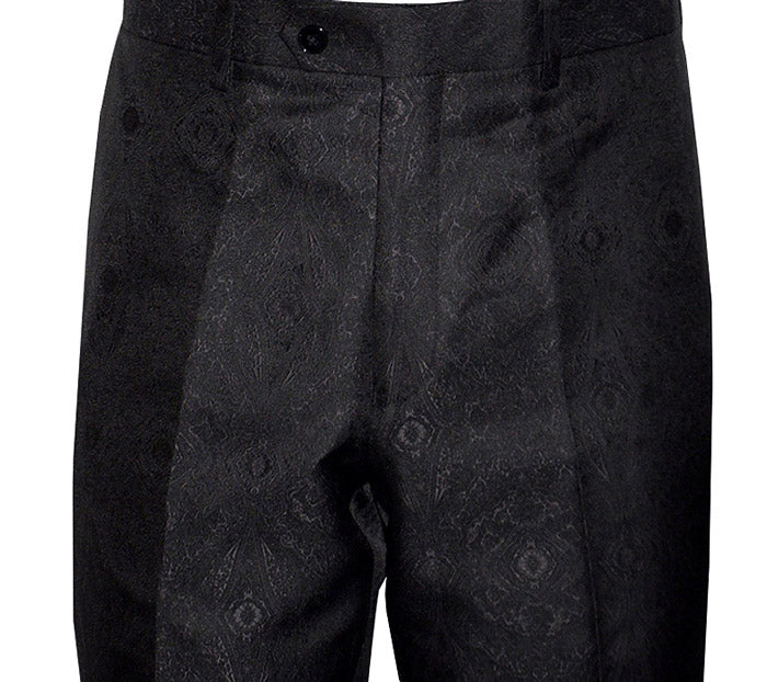 close up mens black paisley dress pants against a white background