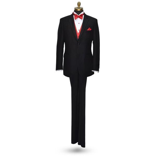 full length front view mannequin wearing a black tuxedo with a red "tie-yourself" bowtie and a red tuxedo vest against a white background