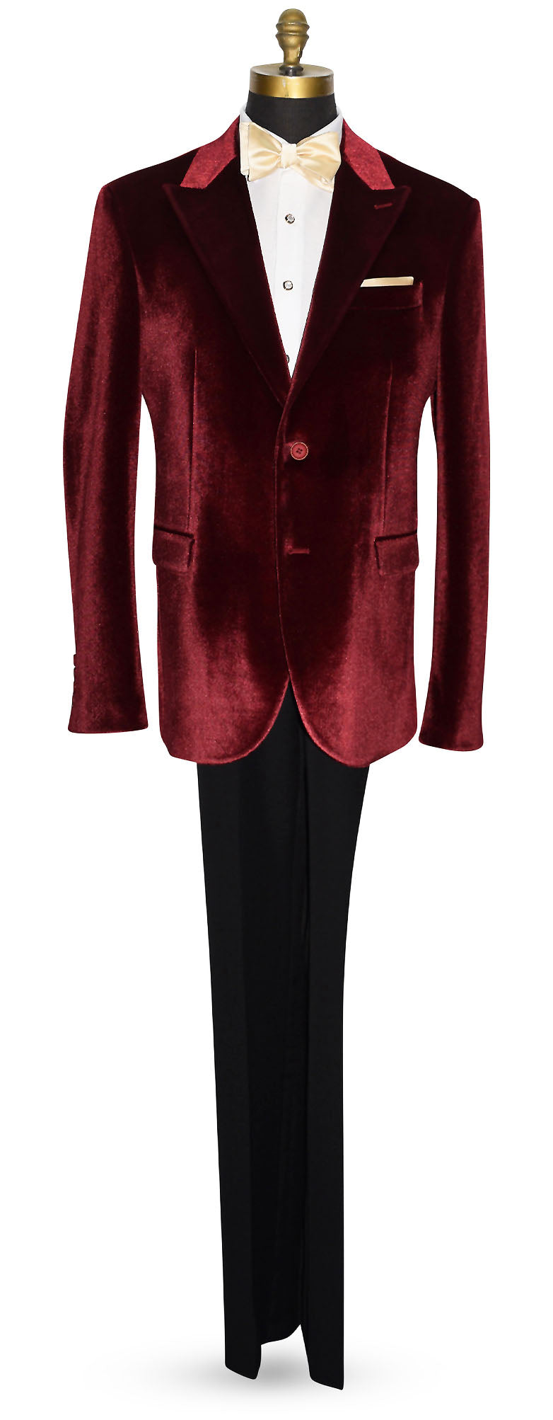 full length mannequin wearing a red burgundy velvet dinner jacket tuxedo with black pants against a white background