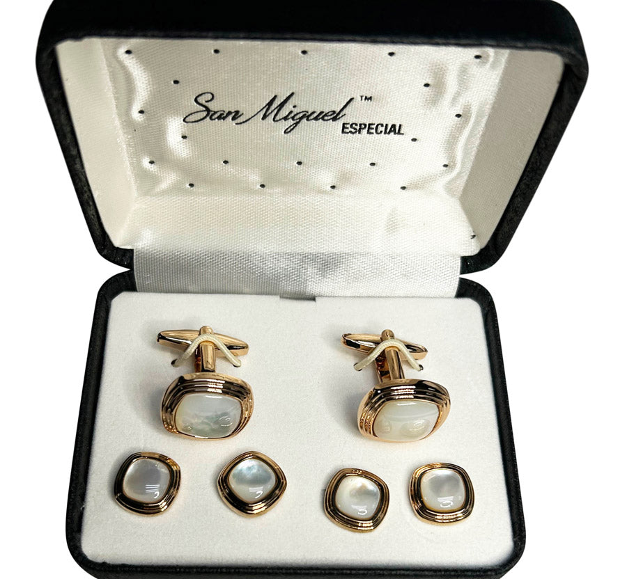 Gold and pearl cufflink set in a 'San Miguel Especial' branded box.