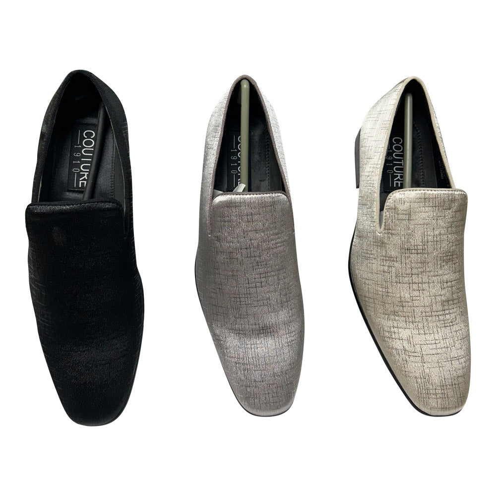 Three pairs of men's loafers in black, gray, and beige on a white background.