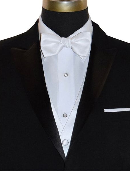 close-up black tuxedo with white vest and white bowtie with a white background
