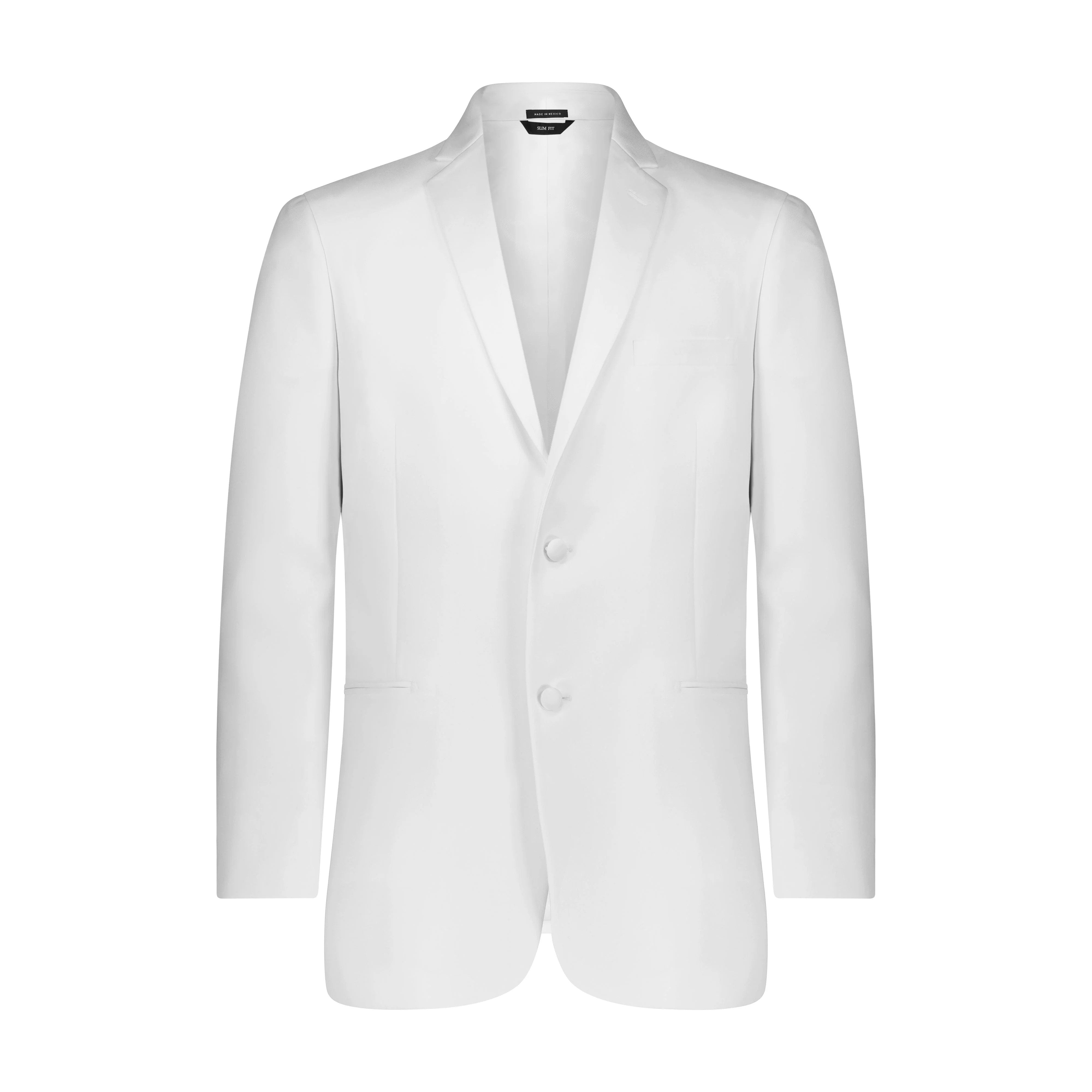 Close-up of white notch lapel slim fit tuxedo against white background