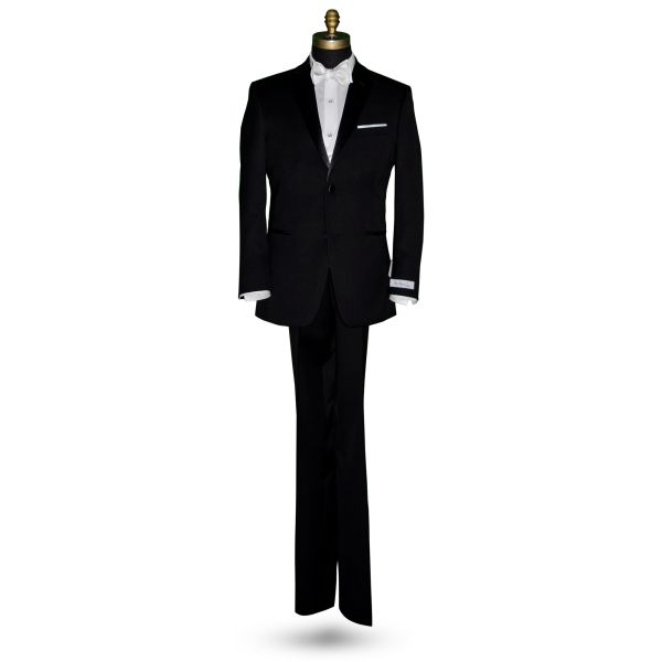 full length front view mannequin wearing a "San Miguel Formals" branded tuxedo with a white tuxedo shirt and white vest with a white "tie-yourself" bowtie in-front of a white background