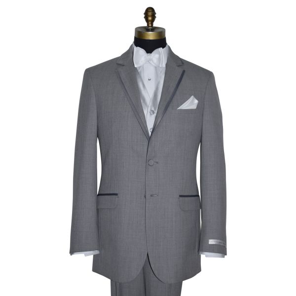 close-up front view mannequin wearing a gray tuxedo with a white "self-tie" bowtie against a white background