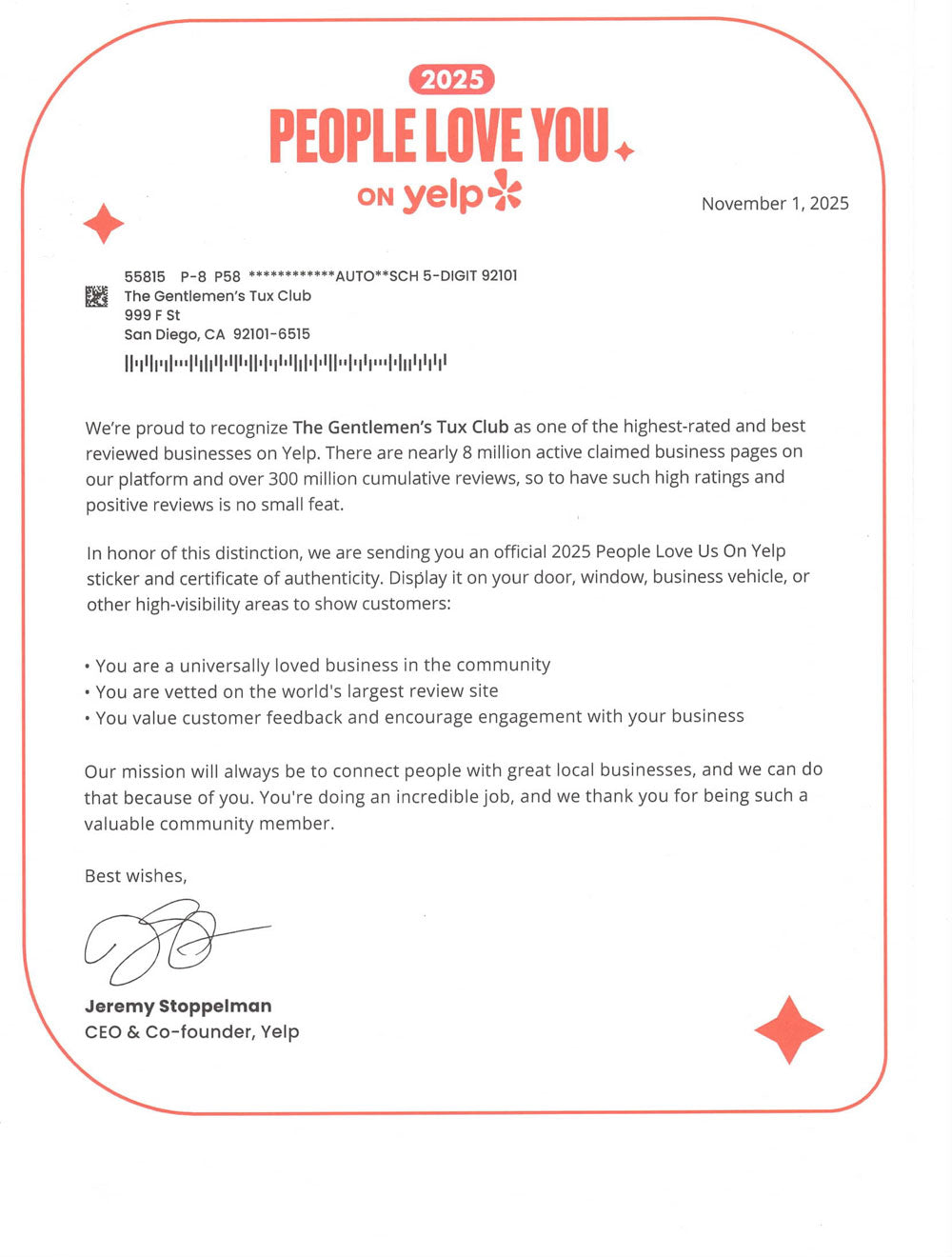 Yelp 'People Love You' certificate for The Gentleman's Tux Club with red border and text.