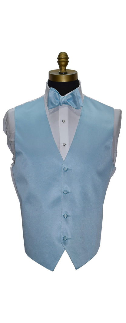 mannequin wearing a white tuxedo shirt with a capri-blue self-tie bowtie and a capri blue vest ogainst a white background