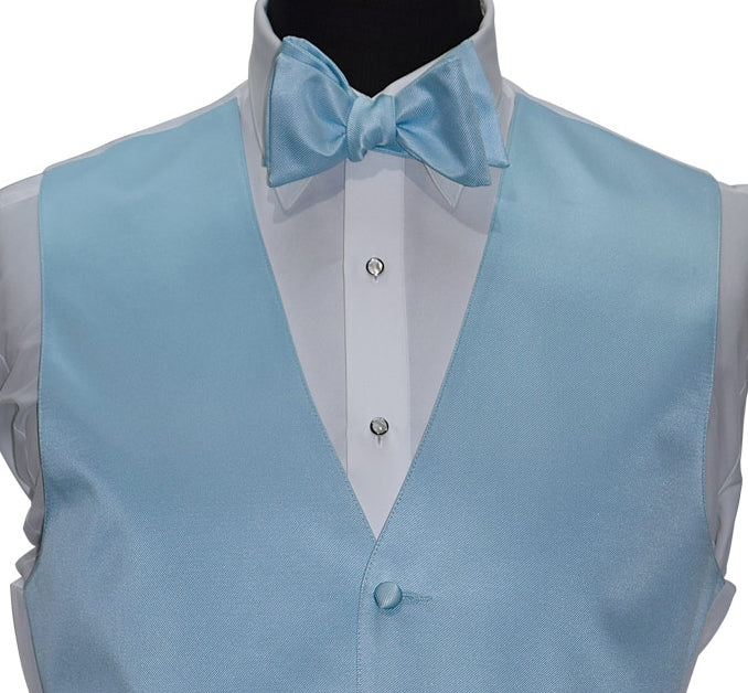 close-up mannequin wearing a capri-blue self-tie bowtie and a capri blue vest ogainst a white background
