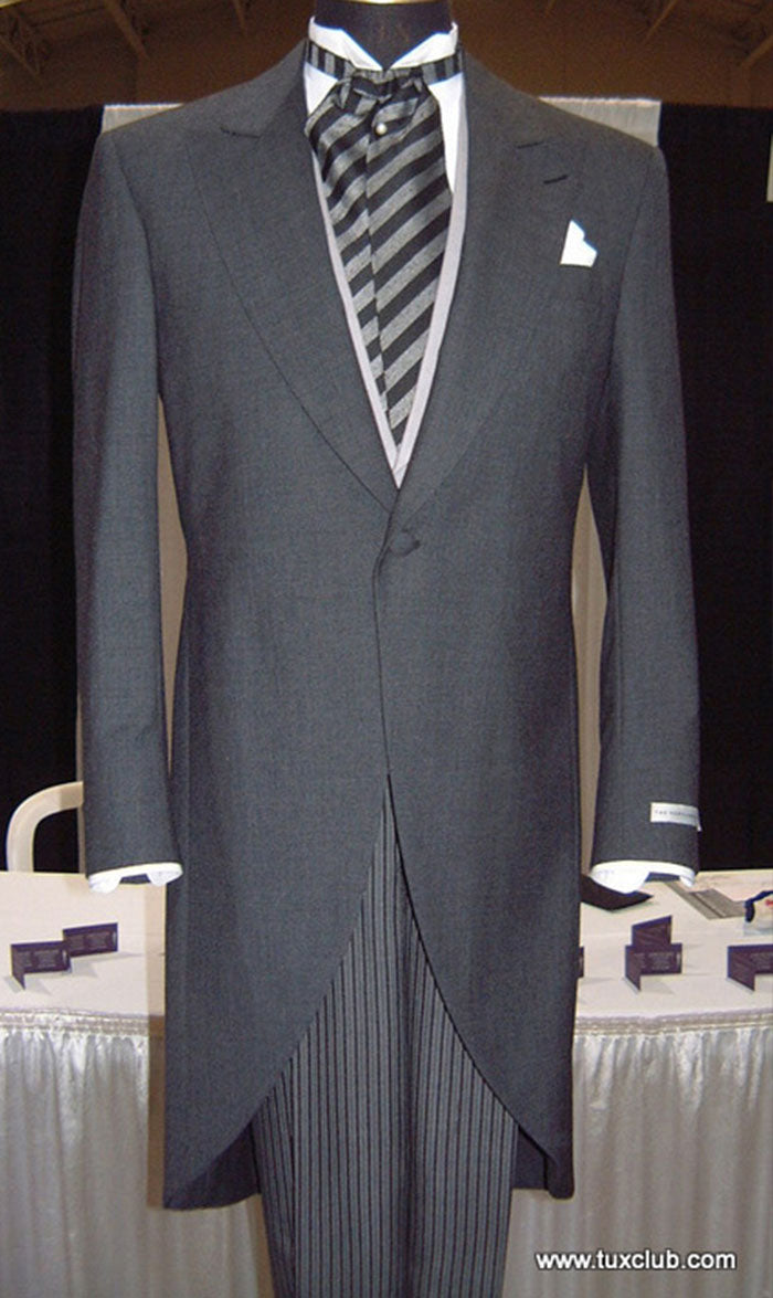 full length mannequin of Charcoal Cutaway morning suit with striped pants and ascot  by tuxclub